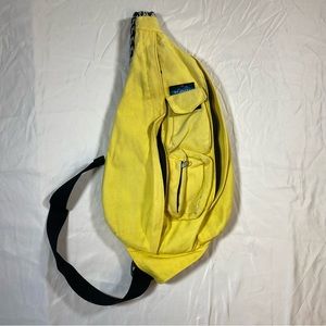 KAVU Rope Sling Crossbody Backpack Yellow  Canvas Black Zippers Used Sling Back